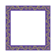 Purple And Green Filigree Square Frame Over White Background.