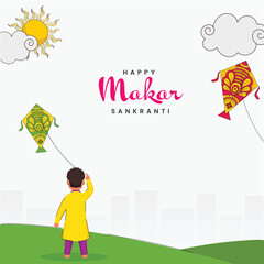 Happy Makar Sankranti Greeting Card With Back View Of Young Boy Flying Kite, Clouds, Sunshine On White And Green Background.