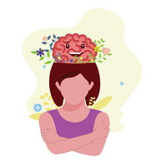 Faceless Young Woman With Happy Brain, Floral On White And Light Yellow Background For World Mental Health Day.