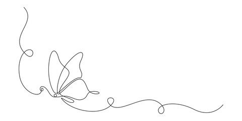 Butterfly in One continuous line drawing. Beautiful flying moth for wellbeing beauty or spa salon logo and divider concept in simple linear style. Editable stroke. Doodle vector illustration. © Olga Rai