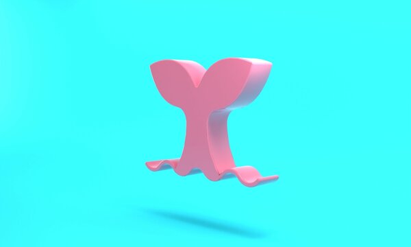 Pink Whale tail in ocean wave icon isolated on turquoise blue background. Minimalism concept. 3D render illustration