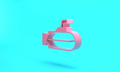Pink Submarine icon isolated on turquoise blue background. Military ship. Minimalism concept. 3D render illustration