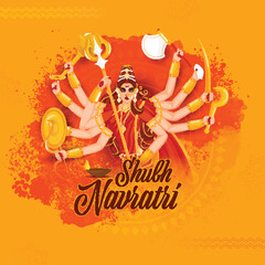 Shubh Navratri Lettering With Hindu Mythology Goddess Durga Maa On Orange Grunge Effect Background.
