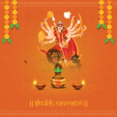 Shubh Navratri Lettering With Hindu Mythology Goddess Durga Maa, Worship Pot (Kalash), Lit Oil Lamps (Diya) And Floral Garland (Toran) On Orange Mandala Background.