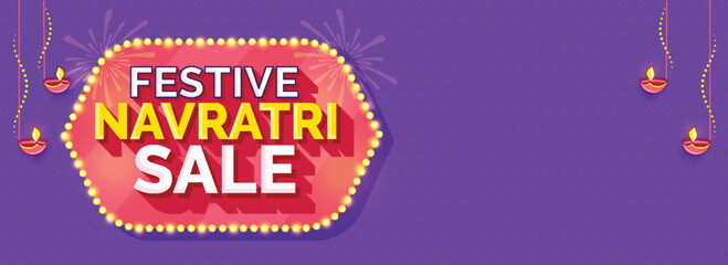 Navratri Festival Sale Banner Or Header Design With Lit Oil Lamps (Diya), Fireworks On Violet And Red Background.