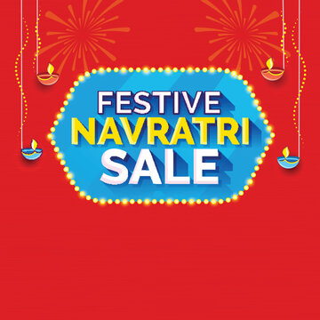 Navratri Festival Sale Poster Design With Lit Oil Lamps (Diya), Fireworks On Blue And Dark Orange Background.
