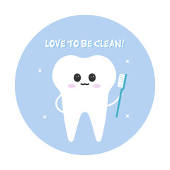 Cute tooth characters in flat style. Cleaning teeth. Clean tooth with toothbrush vector illustration. Dental hygiene cartoon