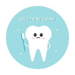 Cute clean tooth with toothbrush character White tooth vector illustration happy and smile. Denistry character super tooth, ideal and clean tooth for children's dentistry