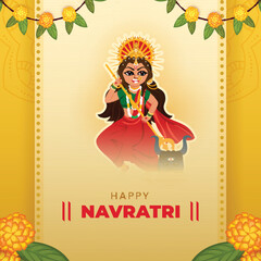 Happy Navratri Celebration Greeting Card With Sticker Style Goddess Durga Maa Killing Mahishasura Demon And Marigold Flowers, Mango Leaves On Yellow Background.
