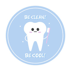 Cute tooth characters in flat style. Cleaning teeth. Clean tooth with toothbrush vector illustration. Dental hygiene cartoon. Tooth with toothbrush	

