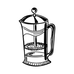 A hand-drawn icon of a teapot with a piston. A way to brew tea and coffee. French Press. Isolated vector illustration on white background.
