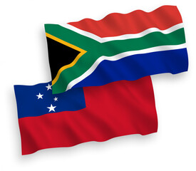 National vector fabric wave flags of Independent State of Samoa and Republic of South Africa isolated on white background. 1 to 2 proportion.