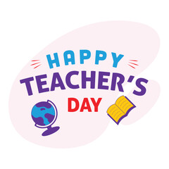 Happy Teacher's Day Lettering With Global Stand, Open Book On Pink And White Background.