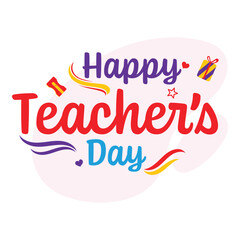 Happy Teacher's Day Lettering With Gift Box, Hearts, Sharpener On Pink And White Background.