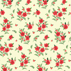 Fototapeta premium Seamless floral pattern, vintage style ditsy print with small red flowers on a light field. Romantic botanical background with small plants, flowers and leaves in an abstract composition. Vector.