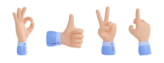 3D render set of hand sign icons isolated on white background. Illustration of human fingers showing ok, thumb-up, victory and pointing gestures. Collection of ui design elements for business