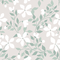 Seamless floral pattern with light watercolor composition. Delicate botanical background design with small white flowers, leaves on thin branches. Vector illustration.