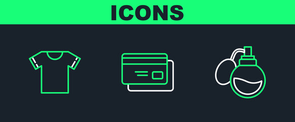 Set line Perfume, T-shirt and Credit card icon. Vector