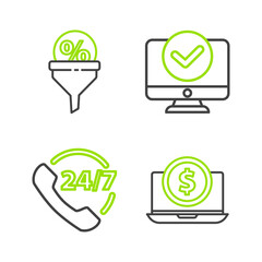 Set line Laptop with dollar, Telephone 24 hours support, Computer monitor and Lead management icon. Vector