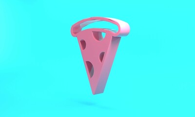 Pink Slice of pizza icon isolated on turquoise blue background. Fast food menu. Minimalism concept. 3D render illustration