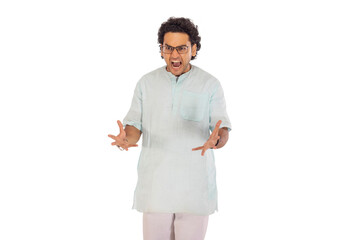 Portrait of an angry Bengali young man against white background