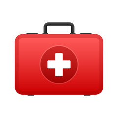 Obraz premium Cartoon icon with red first aid on white background for medical design. Flat vector illustration