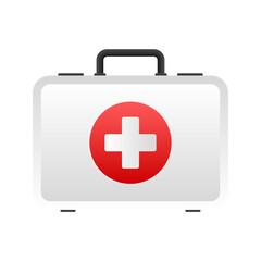Cartoon icon with red first aid on white background for medical design. Flat vector illustration