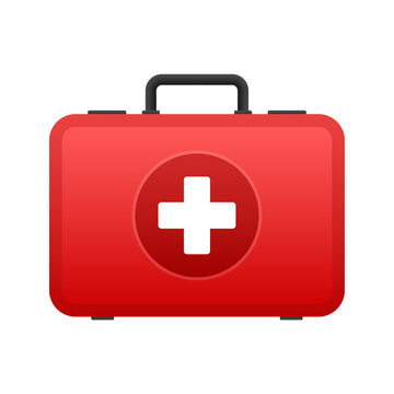 Cartoon icon with red first aid on white background for medical design. Flat vector illustration