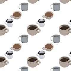 Cute cartoon cup coffee on white background pattern illustration.