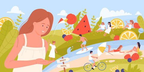 Summer memory vector illustration. Cartoon young woman holding tiny girl in palm of hand to remember summer vacation with family and friends, sunbathing and surfing, cycling on village road summertime