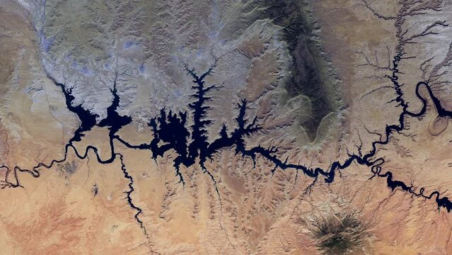 River drying time lapse water resource global warming aerial satellite view from sky of Lake Powell USA, planet earth background. Based on images by Nasa