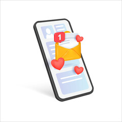 Phone with Notifications. Reminder design mockup. Email marketing, yellow 3d envelope with a heart. 3D Web