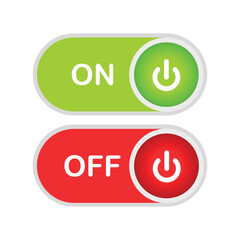 Power switch button with turn on off icons and shut down symbols in round buttons. On and off push button on white background