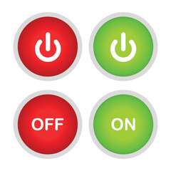 Power switch button with turn on off icons and shut down symbols in round buttons. On and off push button on white background