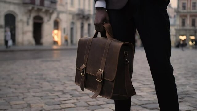 Close up of successful african businessman in suit standing on city street with brown leather briefcase in hands. Young busy worker walking outdoors.