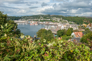 Oban seafront with McCaig's Tower above from Pulpit Hill in Oban resort town within the Argyll and Bute council area of Scotland, United Kingdom