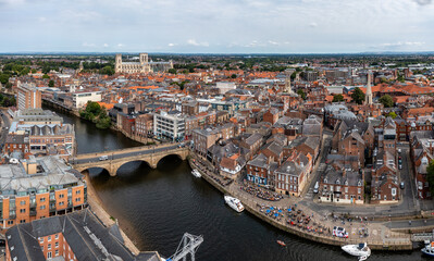 Aerial view of York cityscape skyline with bridge over the river Ouse