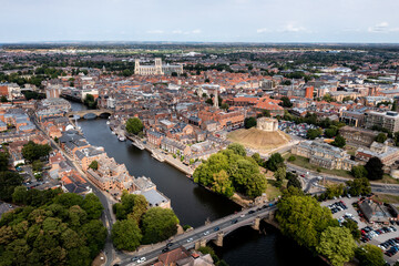 Fototapeta na wymiar Aerial landscape panorama of the River Ouse and a York cityscape skyline
