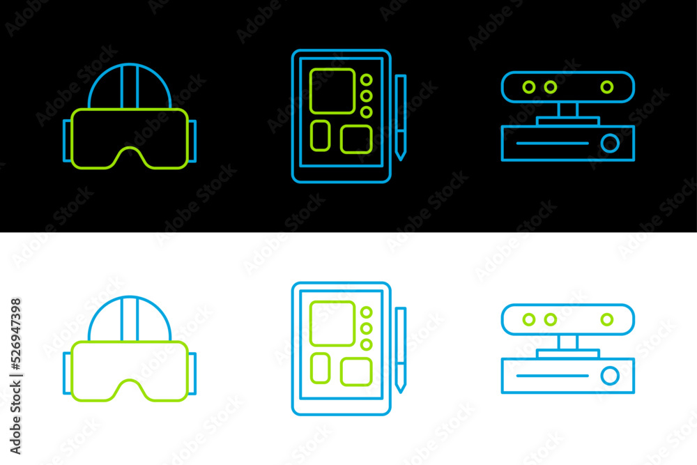 Poster Set line Motion sensor, Virtual reality glasses and Graphic tablet icon. Vector