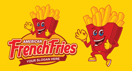 Delicious american french fries logo template, with funny cartoon character & text