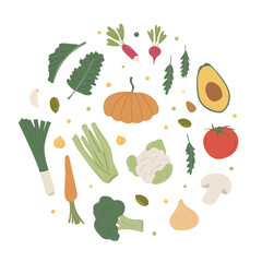 Organic vegetables collection in round circle. Set of fresh local farm veggies. Healthy vegetarian food poster. Seasonal diet for vegan fresh menu, cooking ingredients. Flat style vector illustration.