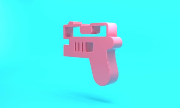 Pink Futuristic space gun blaster icon isolated on turquoise blue background. Laser Handgun. Alien Weapon. Minimalism concept. 3D render illustration