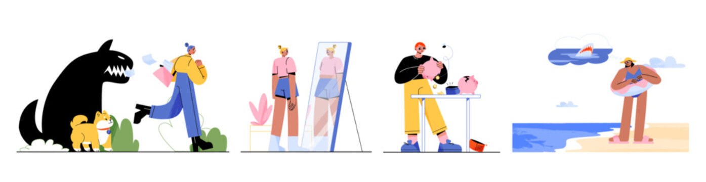 Characters with phobias, man with cynophobia run away from little dog, slim woman see fat reflection in mirror, guy counting coins in piggy bank, woman scared of sharks in sea Line art flat vector set