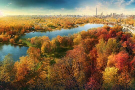 beautiful autumn forest landscape background illustration, 3d render