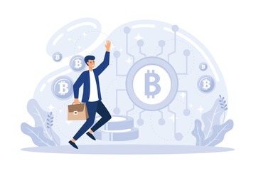 Bitcoin skyrocketing. Crypto currency price and value increase concept flat vector illustration