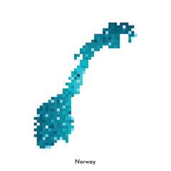 Vector isolated geometric illustration with simple icy blue shape of Norway map. Pixel art style for NFT template. Dotted logo with gradient texture for design on white background