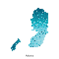 Vector isolated geometric illustration with simple icy blue shape of Palestine map. Pixel art style for NFT template. Dotted logo with gradient texture for design on white background