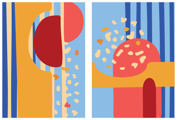 Abstraction in modern style with terrazzo elements. The background of the decor element of artistic painting. Colorful vector art design. Vector set.