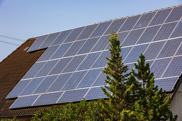 Shading by a tree on a large photovoltaic system with solar panels on a steep house roof