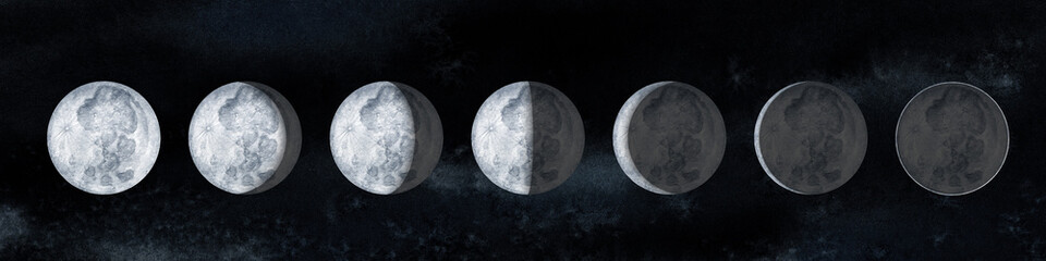 Moon phases on sky dark background. Galaxy Hand drawn watercolor illustration of cycle from new to full moon.